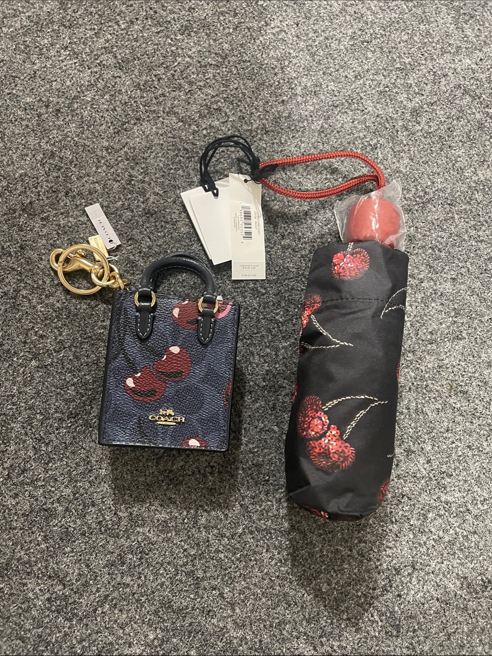 Coach Navy Mini Tote Charm with Red Cherry Motif